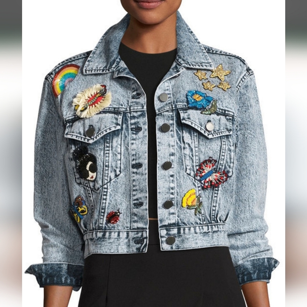 Alice + Olivia Embroidered Jean Jacket - Blue and Multicolor